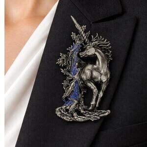 JJ Vintage Unicorn Pewter Brooch Blue Enamel Fantasy Statement Pin